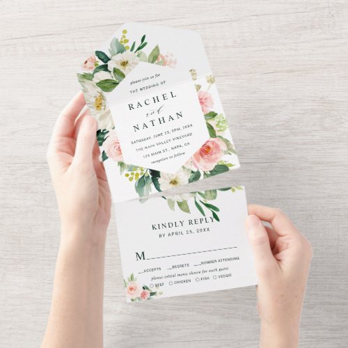 Blush White Bloom Hexagon Wedding All In One Invitation