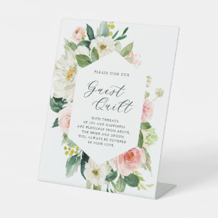 Blush White Bloom Hexagon Wedding Guest Quilt Pedestal Sign