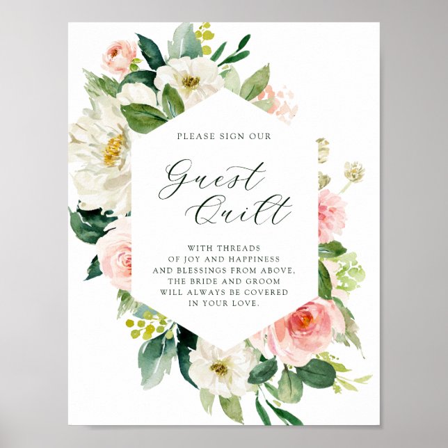 Blush White Bloom Hexagon Wedding Guest Quilt Sign (Front)