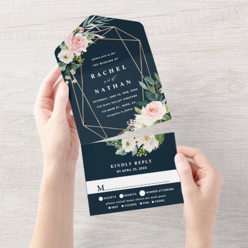 Blush White Bloom Navy Blue Gold Geometric Wedding All In One Invitation