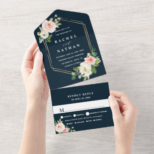 Blush White Bloom Navy Blue Gold Hexagon Wedding All In One Invitation