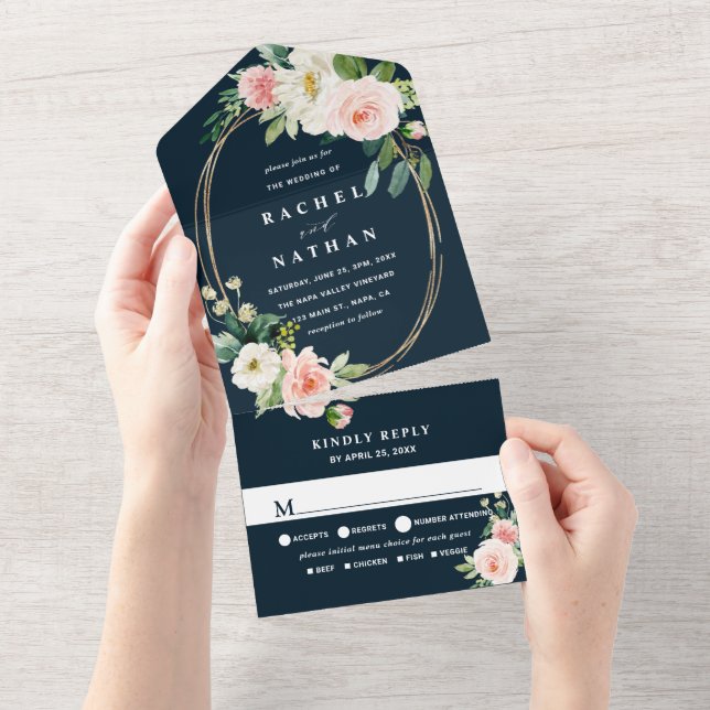 Blush White Bloom Navy Blue Gold Oval Wedding All In One Invitation (Tearaway)