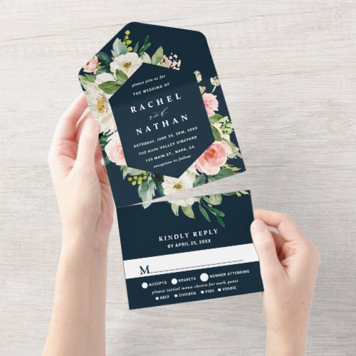 Blush White Bloom Navy Blue Hexagon Wedding All In One Invitation