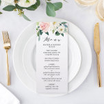Blush White Bloom Watercolor Floral Wedding Menu<br><div class="desc">Elegant Wedding Menu Card featuring painted watercolor flowers in blush pink,  white and green foliage.  For more advanced customization of this design,  Please click the "Customize" button. Matching items are also available.</div>