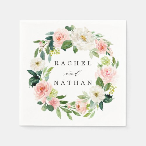 Blush White Bloom Watercolor Floral Wreath Wedding Napkins