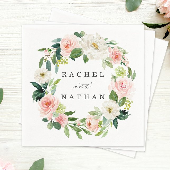 Blush White Bloom Watercolor Floral Wreath Wedding Napkins (Creator Uploaded)