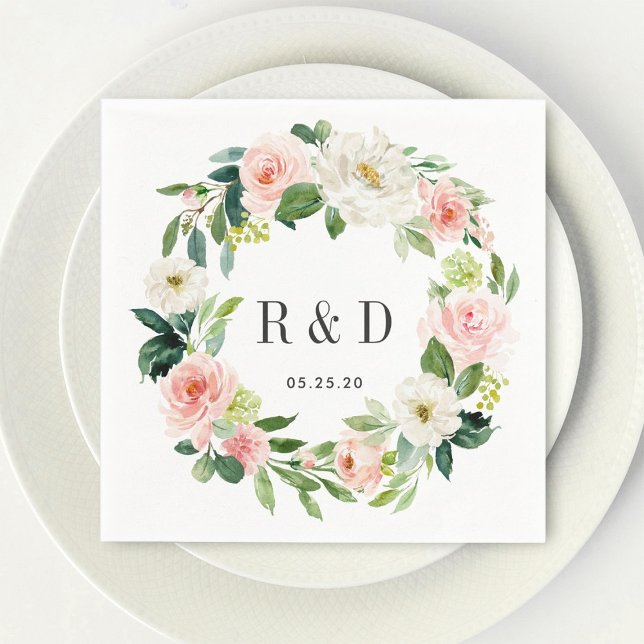 Blush White Bloom Watercolor Floral Wreath Wedding Napkins (Creator Uploaded)