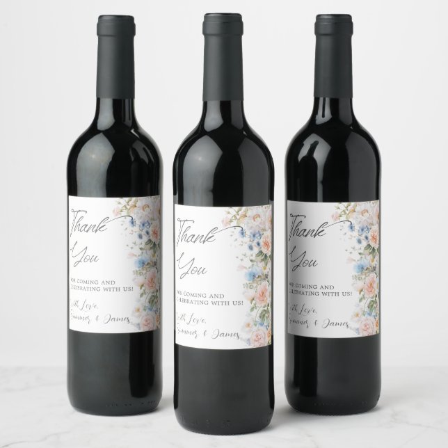 Blush White Blue Floral Bridal Shower Wedding Wine Label (Bottles)