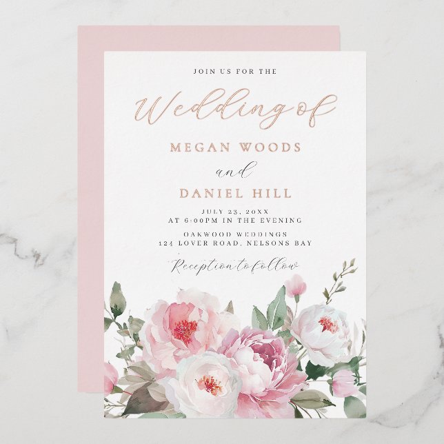 Blush & White Botanical Floral Wedding Rose Gold Foil Invitation (Front/Back)