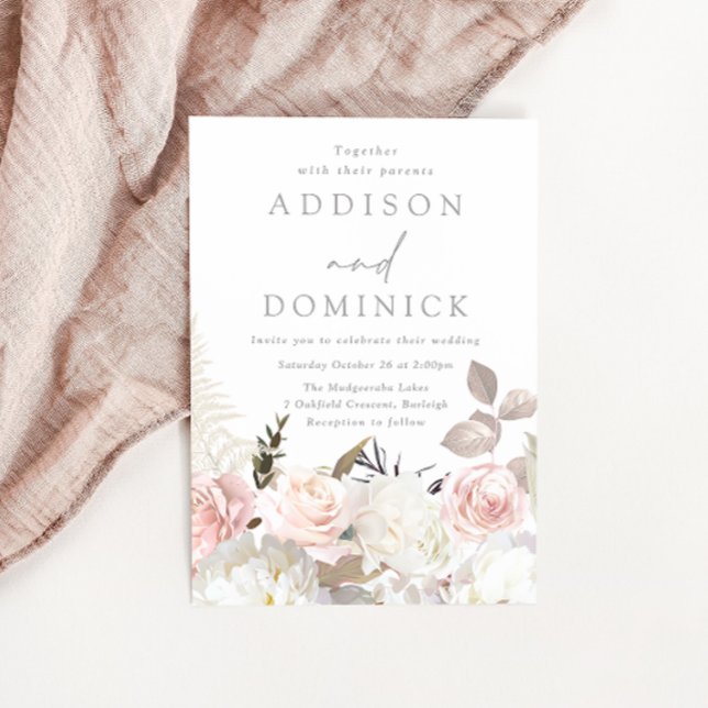 Blush White Botanical Roses All Seasons Wedding Invitation (Creator Uploaded)