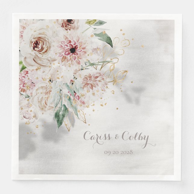 Blush White Dahlias Peony Floral Shadow Paper Dinn Dinner Napkins (Front)