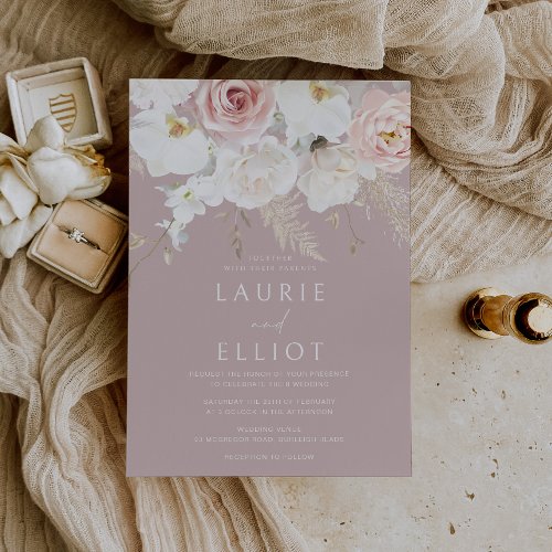 Blush  White Dusty Pink Floral Wedding Invitation