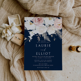 Blush & White Dusty Pink Navy Floral Wedding Invitation