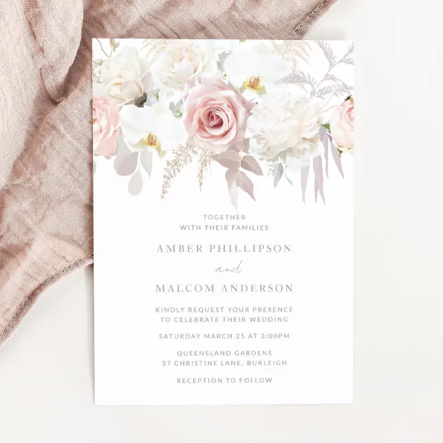 Blush & White Elegant Floral Wedding Invitation 