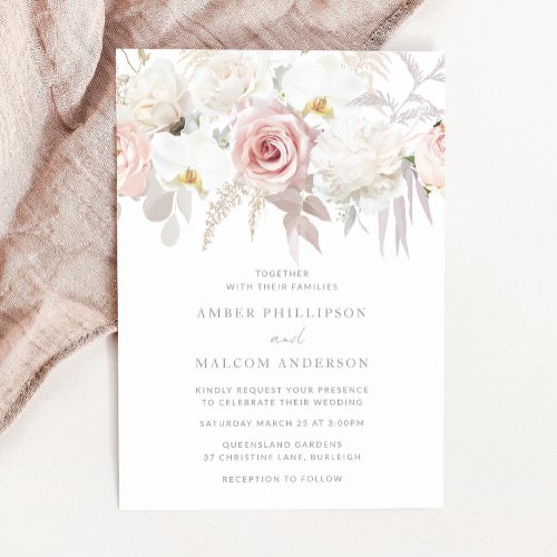 Blush  White Elegant Floral Wedding Invitation