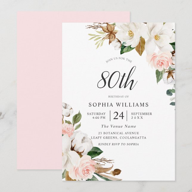 Blush White Elegant Flowers 80th Birthday Party Invitation (Front/Back)