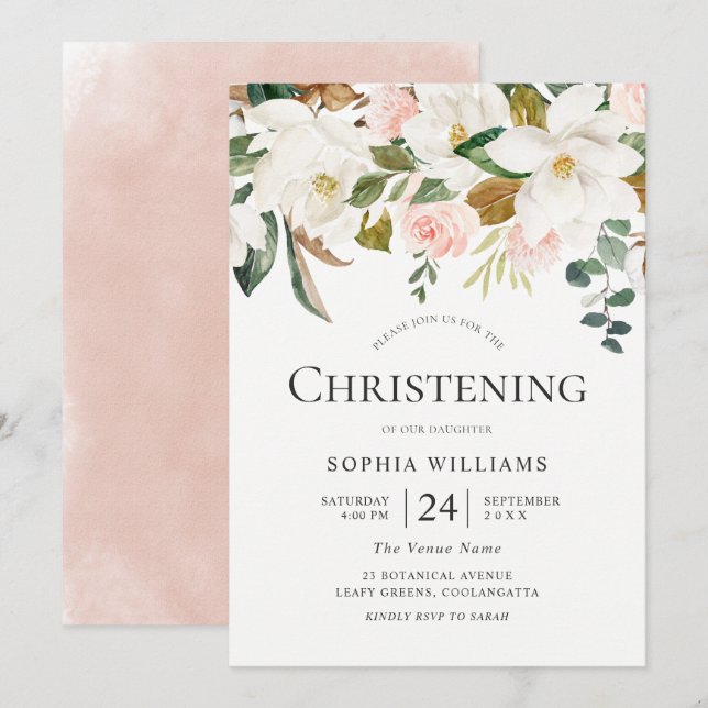 Blush & White Floral Beautiful Christening Baptism Invitation (Front/Back)