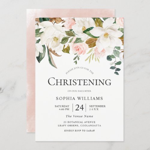 Blush  White Floral Beautiful Christening Baptism Invitation