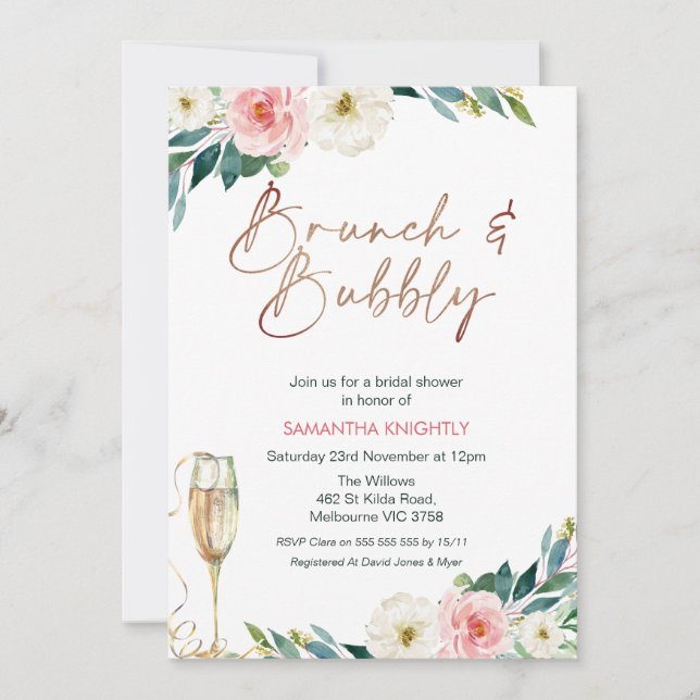 Blush White Floral Bridal & Bubbly Bridal Shower Invitation (Front)
