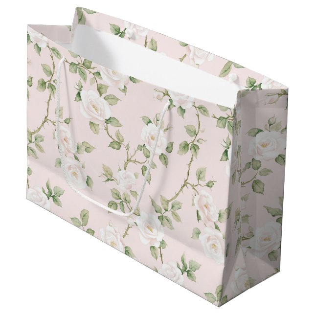 Blush White Floral Bridal Shower Large Gift Bag (Front Angled)