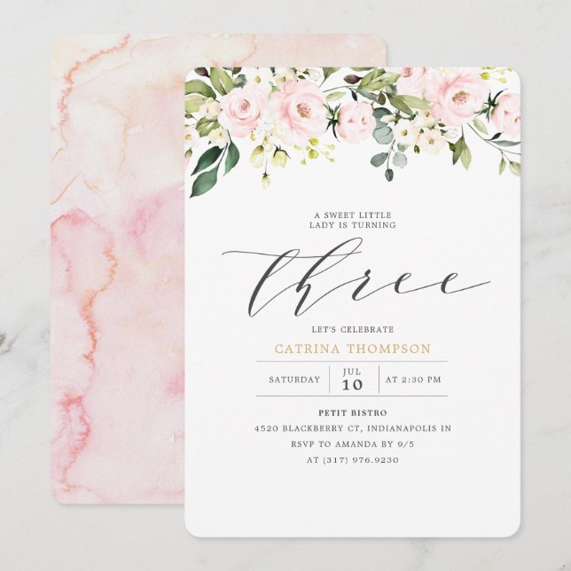 Blush White Floral & Eucalyptus Girl 3rd Birthday Invitation (Front/Back)