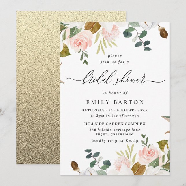 Blush & White Floral Gold Glitter Bridal Shower Invitation (Front/Back)