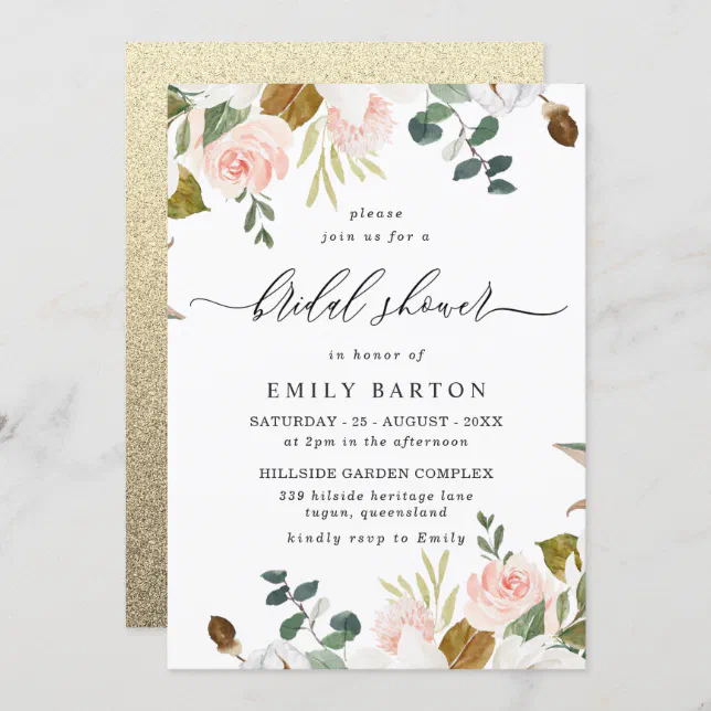 Blush And White Floral Gold Glitter Bridal Shower Invitation Zazzle