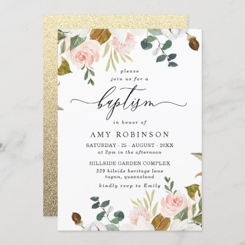 Blush  White Floral Gold Glitter GIrls Baptism Invitation