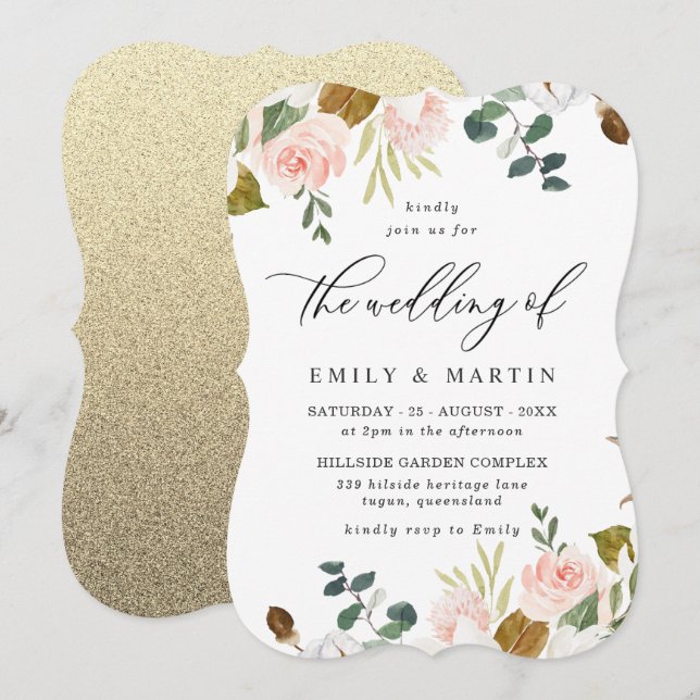 Blush & White Floral Gold Glitter Wedding Invitation (Front/Back)