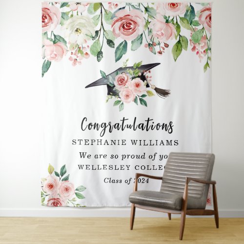 Blush &amp; White Floral Graduation Congratulations Tapestry