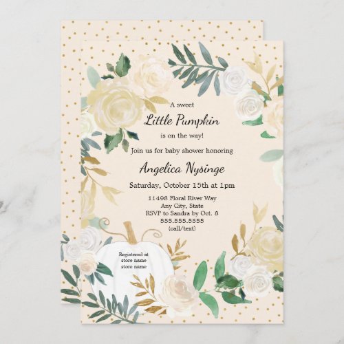 Blush White Floral Pumpkin neutral baby shower Invitation