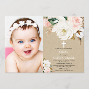 Blush white floral rustic kraft girl baptism photo invitation