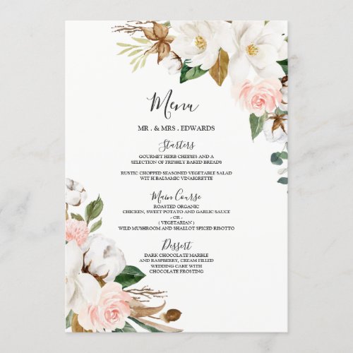 Blush White Floral Wedding or Rehearsal Dinner Menu