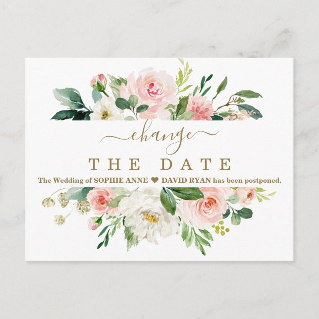 Blush White Floral Wedding Postponed New Plan Postcard (Front)