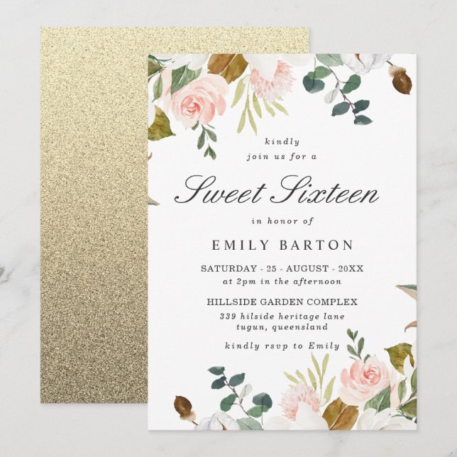 Blush & White Floral With Gold Glitter Sweet 16 Invitation (Front/Back)