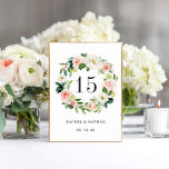 Blush White Floral Wreath Wedding Table Number<br><div class="desc">Elegant Wedding Table Number Card featuring a wreath of watercolor flowers in blush pink and white with green foliage and leaves.  For more advanced customization of this design,  Please click the "Customize" button. Matching items are also available.</div>