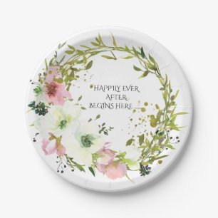 Blush & white floral wreath with quote wedding paper plates