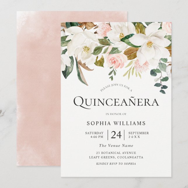 Blush & White Florals Beautiful Quinceañera Party Invitation (Front/Back)