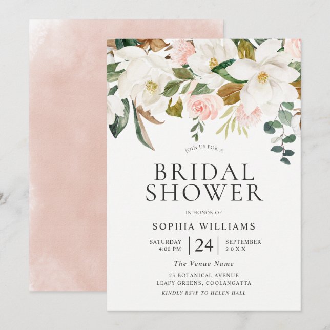 Blush & White Florals Elegant Bridal Shower Invitation (Front/Back)
