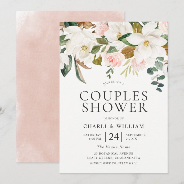 Blush & White Florals Elegant Couples Shower Invitation (Front/Back)