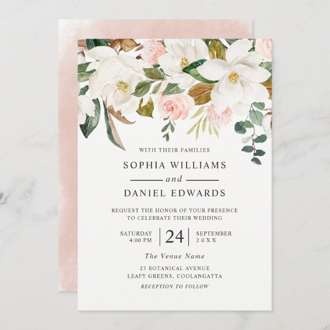 Blush & White Florals Elegant Modern Wedding Invitation (Front/Back)
