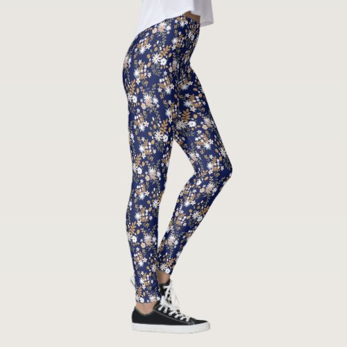 Blush White Flower Garden Pattern on Navy Blue Leggings