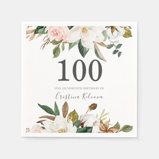 Blush & White Flowers 100th Birthday Party Napkins (Front)