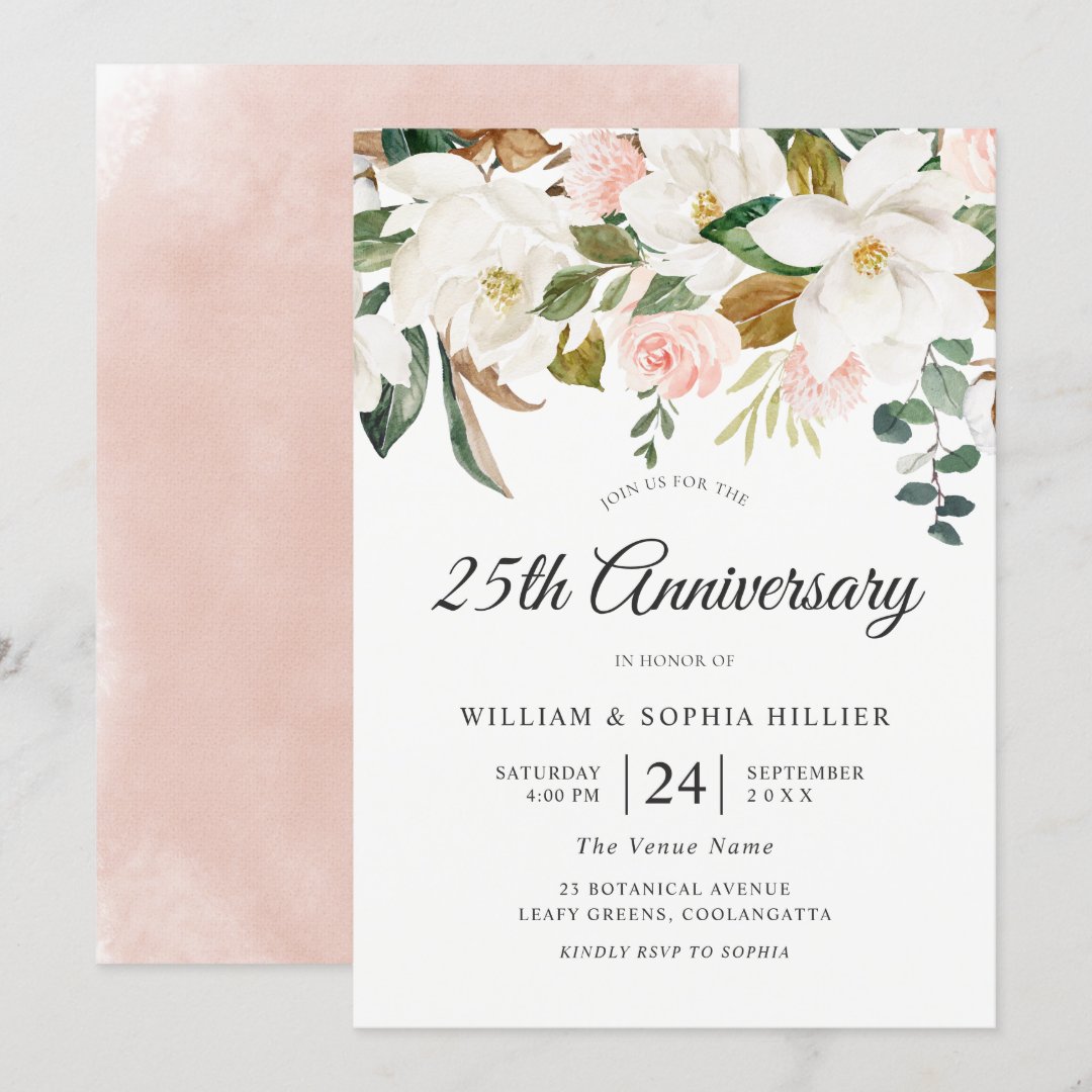 Blush & White Flowers 25th Wedding Anniversary Invitation Zazzle