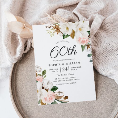 Blush  White Flowers 60th Wedding Anniversary Invitation