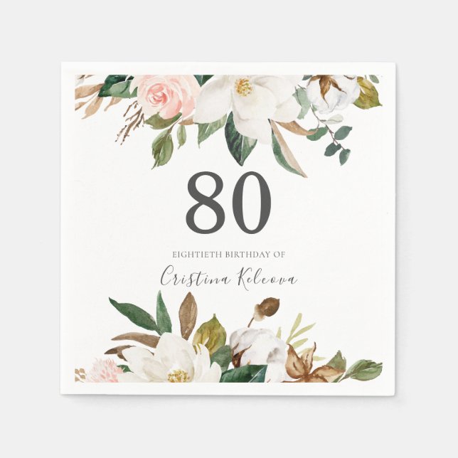 Blush & White Flowers 80th Birthday Party Napkins (Front)