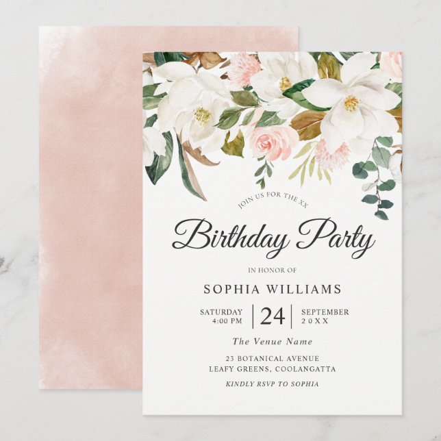 Blush & White Flowers All Years Birthday Party Invitation (Front/Back)