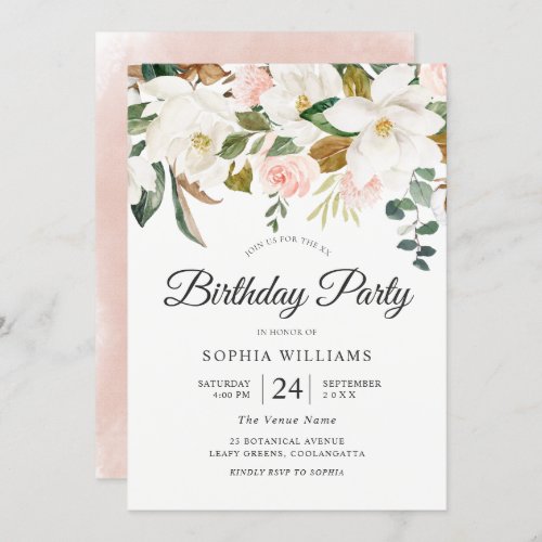 Blush  White Flowers All Years Birthday Party Invitation