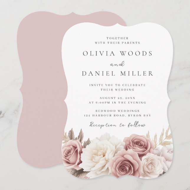 Blush & White Flowers Elegant Wedding Invitation (Front/Back)