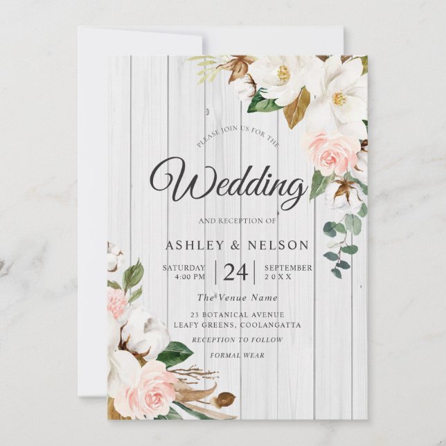 Blush & White Flowers Elegant White Wood Wedding Invitation (Front)